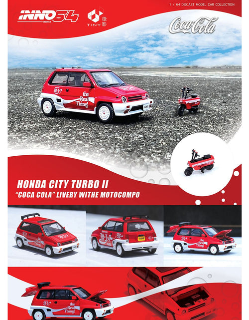 Load image into Gallery viewer, Honda City Turbo II RHD (Right Hand Drive) Red and White "Coca-Cola" with Honda Motocompo Scooter 1/64 Diecast Model Car by Inno Models
