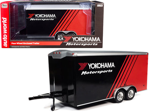 Load image into Gallery viewer, Four Wheel Enclosed Car Trailer "Yokohama Motorsports" Black and Red for 1/18 Scale Model Cars by Auto World
