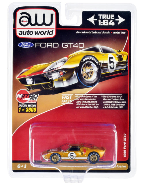 Load image into Gallery viewer, 1966 Ford GT40 RHD (Right Hand Drive) #5 Gold with Graphics Limited Edition to 3600 pieces Worldwide 1/64 Diecast Model Car by Auto World
