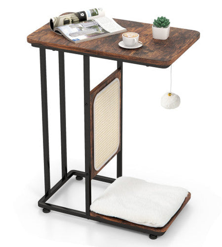 C- Shaped Cat Side Table Cat Tree with Scratching Board-Rustic Brown
