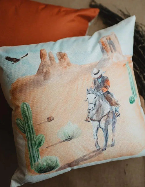 Load image into Gallery viewer, Canyon Cowboy | Desert Art | Arizona Art | Desert Painting | Saguaro Cactus | Arizona Gifts | Home Decor | Gift Idea | Throw PIllows by UniikPillows
