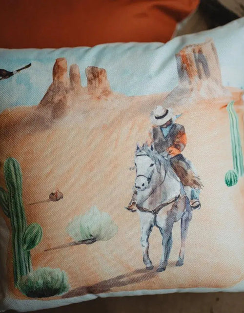 Load image into Gallery viewer, Canyon Cowboy | Desert Art | Arizona Art | Desert Painting | Saguaro Cactus | Arizona Gifts | Home Decor | Gift Idea | Throw PIllows by UniikPillows
