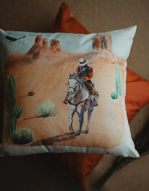Load image into Gallery viewer, Canyon Cowboy | Desert Art | Arizona Art | Desert Painting | Saguaro Cactus | Arizona Gifts | Home Decor | Gift Idea | Throw PIllows by UniikPillows
