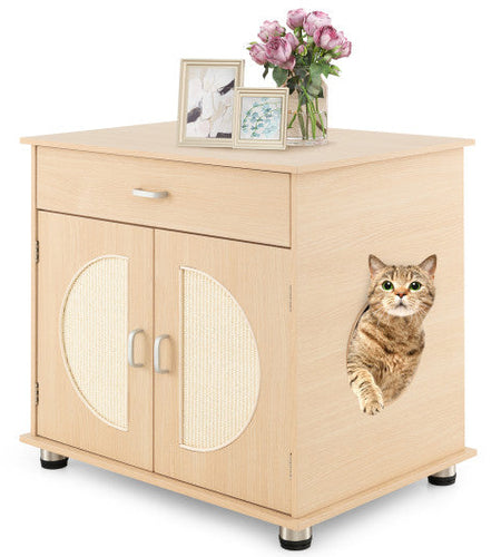 Cat Litter Box Enclosure with Sisal Scratching Doors and Storage-Natural