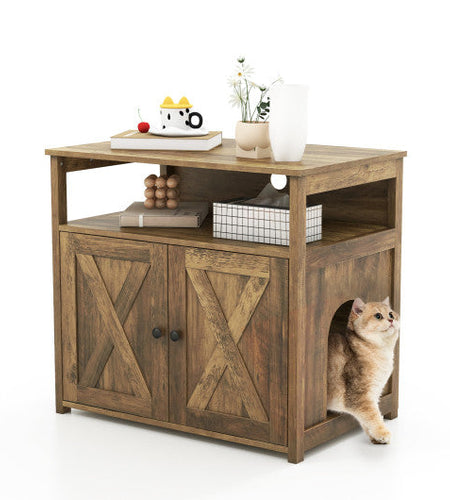 Cat Litter Box Enclosure with Double Barn Doors  Divider  Side Entry and Storage Shelf