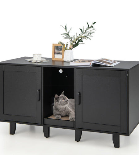 2-Door Cat Litter Box Enclosure with Winding Entry and Scratching Board-Black