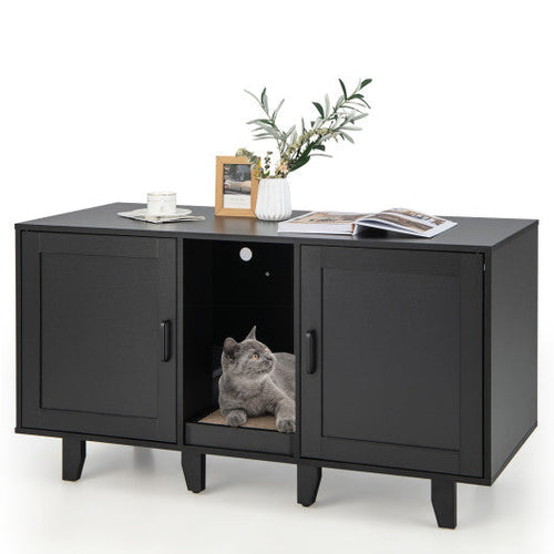 Load image into Gallery viewer, 2-Door Cat Litter Box Enclosure with Winding Entry and Scratching Board-Black

