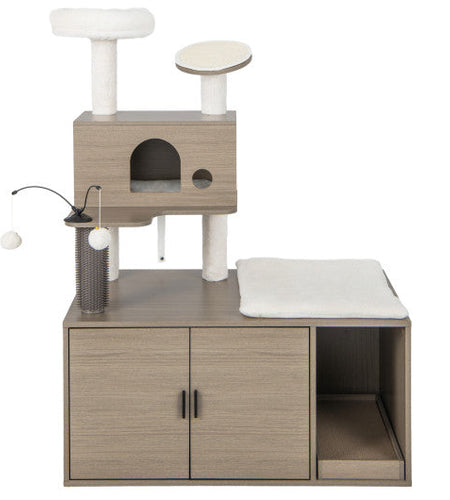 2-in-1 Modern Cat Tower with Litter Box Enclosure for Indoor Cars-Gray
