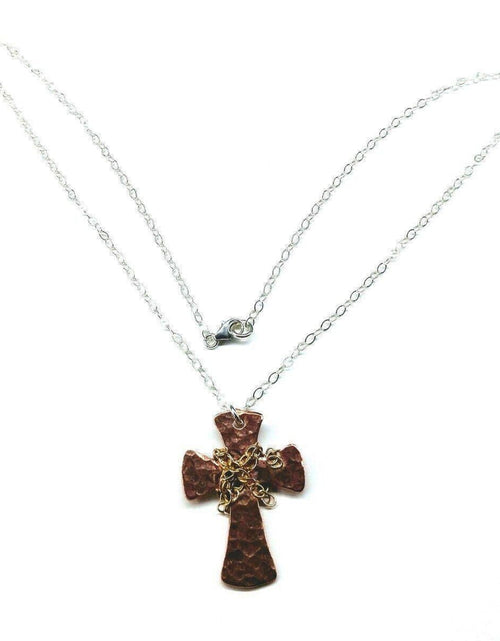 Load image into Gallery viewer, Chained Hammered Copper Cross Necklace For Him Or Her by Alexa Martha Designs
