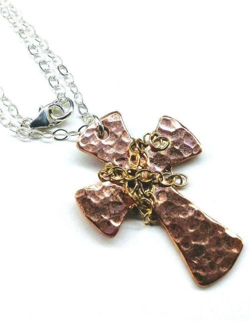 Load image into Gallery viewer, Chained Hammered Copper Cross Necklace For Him Or Her by Alexa Martha Designs
