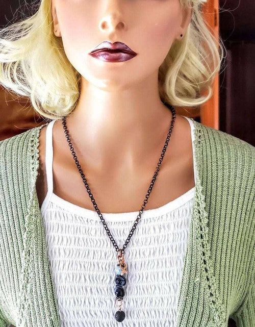 Load image into Gallery viewer, Child Abuse Prevention Awareness Beaded Gemstone stick Pendant With Lava Rock Bead Charm Necklace by Alexa Martha Designs
