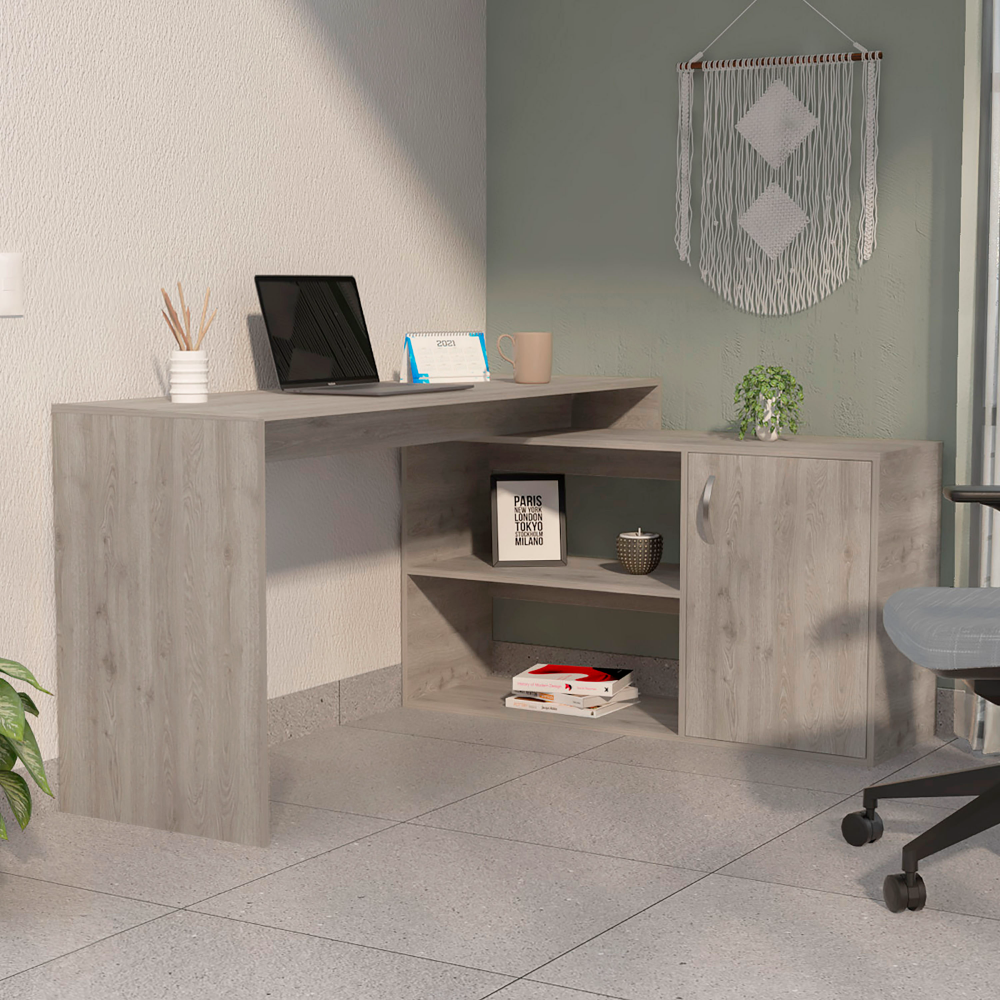 Antlia L-Shaped Writing Desk, Two Shelves, Single Door Cabinet by FM FURNITURE