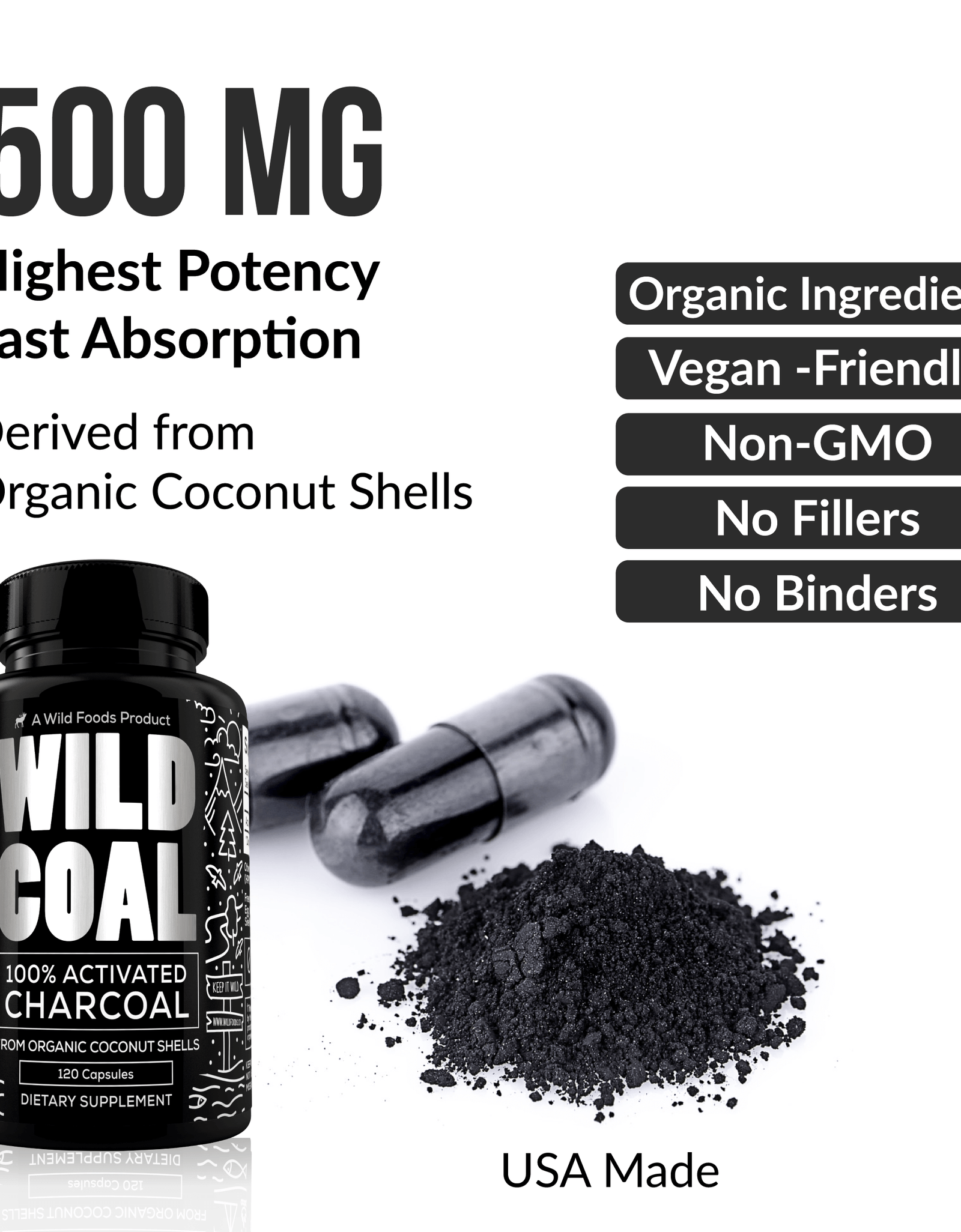 Activated Charcoal Capsules made from 100% Organic Coconuts, 120ct by Wild Foods