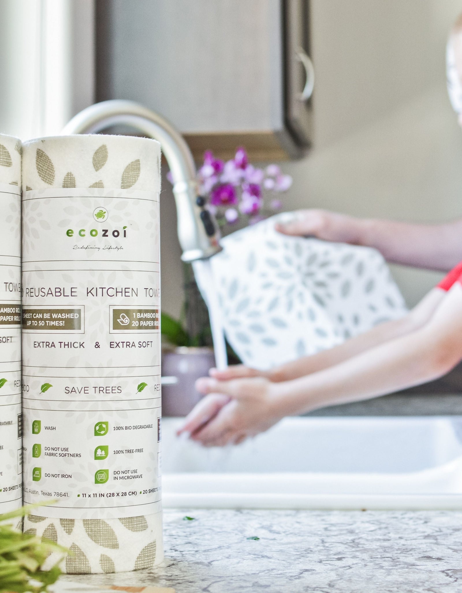 Bamboo Kitchen Paper Towels, Reusable Tree-Free Rolls with Design, 4 Pack by ecozoi