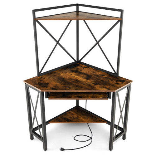 Load image into Gallery viewer, Space-Saving Corner Computer Desk with with Hutch and Keyboard Tray-Rust Brown
