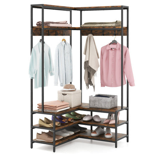 Load image into Gallery viewer, Corner Garment Rack with Open Shelves and 7 Hooks Shoe Bench-Rustic Brown
