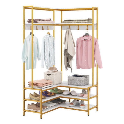 Load image into Gallery viewer, Corner Garment Rack with Open Shelves and 7 Hooks Shoe Bench-White
