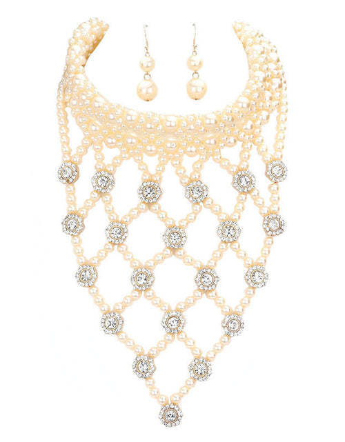 Load image into Gallery viewer, Flower Stone Embellished Pearl Statement Necklace by Madeline Love
