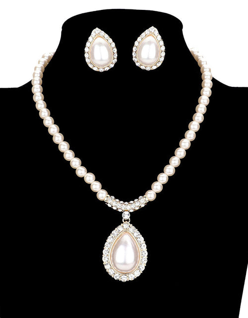 Load image into Gallery viewer, Crystal Trim Pearl Pendant Necklace Earring Set by Madeline Love
