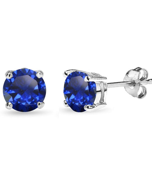 Load image into Gallery viewer, Created Blue Sapphire 6mm Round-Cut Solitaire Sterling Silver Stud Earrings
