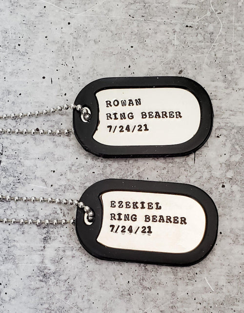 Load image into Gallery viewer, Custom Ring Bearer Dog Tag Silver Necklace by Salt and Sparkle
