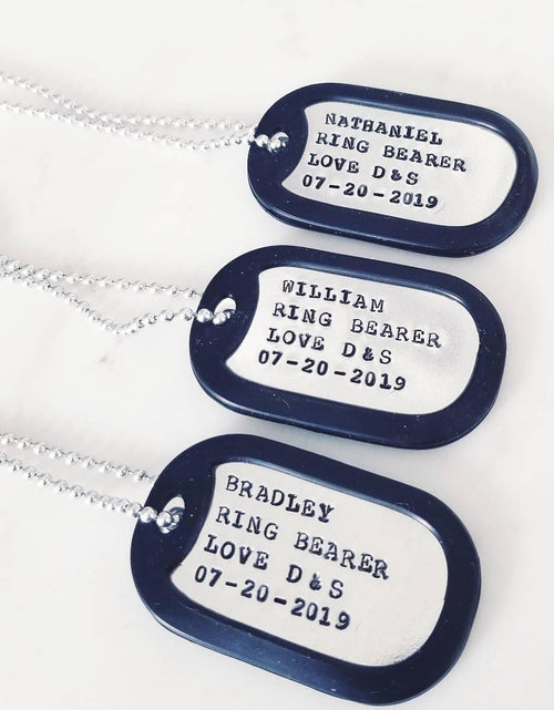 Load image into Gallery viewer, Custom Ring Bearer Dog Tag Silver Necklace by Salt and Sparkle
