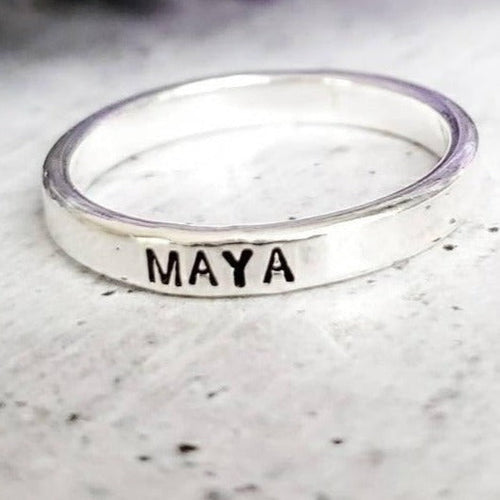 Load image into Gallery viewer, Custom Skinny Silver Name Ring by Salt and Sparkle
