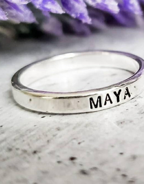 Load image into Gallery viewer, Custom Skinny Silver Name Ring by Salt and Sparkle
