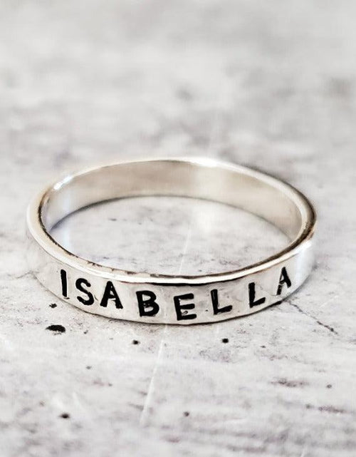 Load image into Gallery viewer, Custom Skinny Silver Name Ring by Salt and Sparkle
