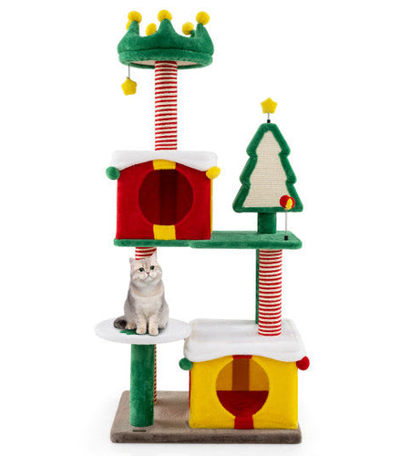 Cute Christmas Cat Tree Cat Tower for Indoor Cats with Scratching Posts and Carpet-Multicolor
