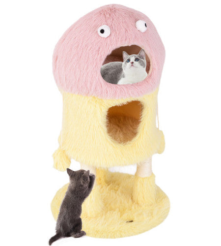 Cute Monster-Themed Cat Tower with 2 Private Condos and 3-Level Activity Center-Yellow