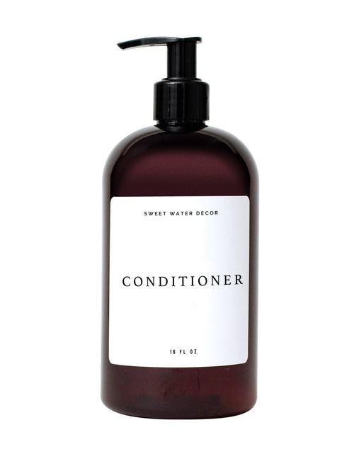 Load image into Gallery viewer, 16oz Amber Plastic Conditioner Dispenser - White Text Label by Sweet Water Decor
