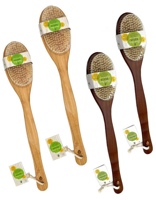 Load image into Gallery viewer, Pursonic Bath Body Brush With Long Bamboo Handle 4-Piece Family Pack (2 Natural Color and 2 Dark Wood) by Pursonic
