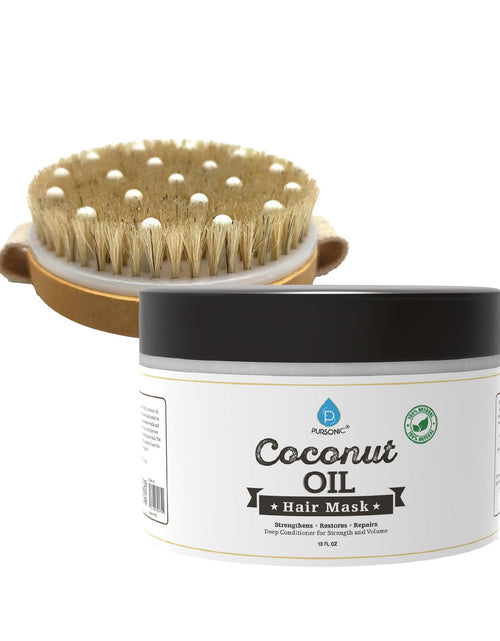 Load image into Gallery viewer, Hair Care and Massage Bundle: Bath Brush and Rubber Massager with Lotus wooden handle + 100% Natural Coconut Oil Hair Mask 10 Oz by Pursonic
