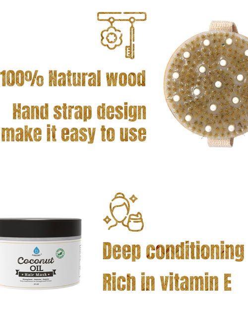 Load image into Gallery viewer, Hair Care and Massage Bundle: Bath Brush and Rubber Massager with Lotus wooden handle + 100% Natural Coconut Oil Hair Mask 10 Oz by Pursonic
