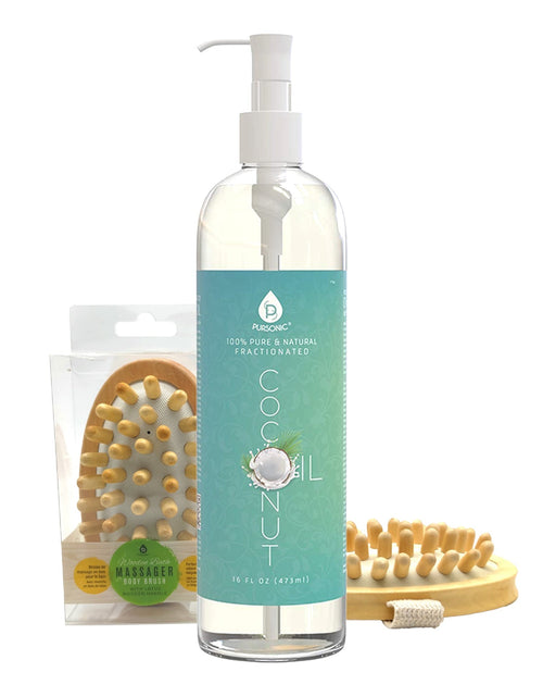 Load image into Gallery viewer, Nourishing Beauty Bundle: Fractionated Coconut Oil (16 Oz) &amp; Boar Bristle Bath Brush by Pursonic
