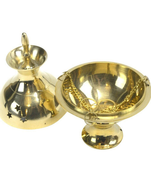 Load image into Gallery viewer, Hanging Brass Burner for cone incense and resins-  4", 6" and 8" by OMSutra
