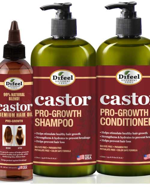 Load image into Gallery viewer, Difeel Castor Pro-Growth 3-PC Large Hair Care Set - Shampoo 33.8oz, Conditioner 33.8oz, &amp; Hair Oil 8oz by difeel - find your natural beauty
