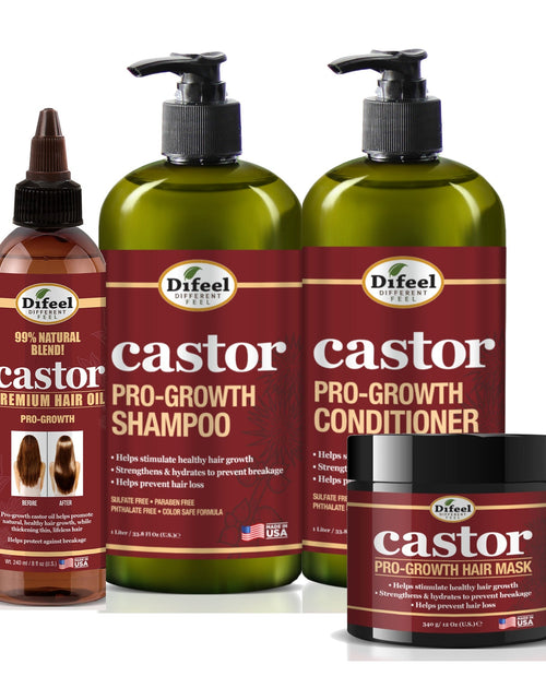 Load image into Gallery viewer, Difeel Castor Pro-Growth 4-PC Ultimate Hair Care Set - Shampoo 33.8oz, Conditioner 33.8oz, Hair Mask 12 oz.  &amp; Hair Oil 8oz by difeel - find your natural beauty
