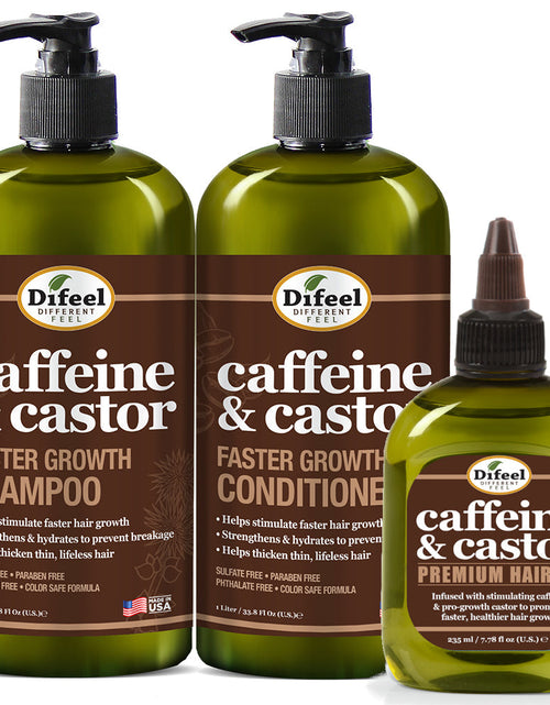 Load image into Gallery viewer, Difeel 3-PC Caffeine &amp; Castor Shampoo, Conditioner &amp; Hair Oil for Faster Hair Growth - with 33.8 oz. Shampoo, 33.8 oz. Conditioner &amp; 7.78 oz. Hair Oil by difeel - find your natural beauty
