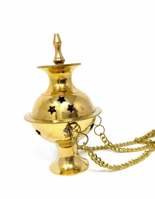 Load image into Gallery viewer, Hanging Brass Burner for cone incense and resins-  4", 6" and 8" by OMSutra
