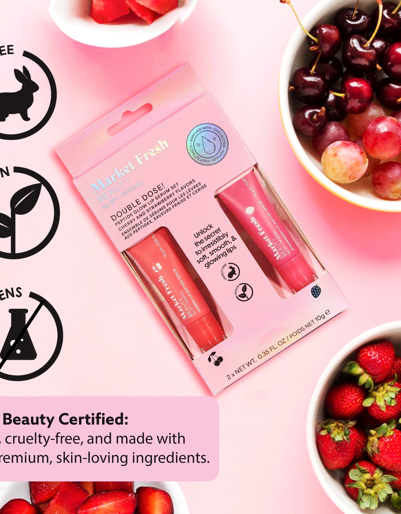 Peptide Glow Lip Serum Set by Market Fresh Beauty - Double Dose Hydrating Lip Care, Cherry & Strawberry Flavors, Vegan, Cruelty-Free, Clean Ingredients, 2 Pack by  Los Angeles Brands