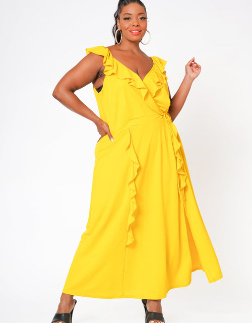 Load image into Gallery viewer, Plus Size Ruffle Trim Wrapped Maxi Dress in Mustard by Shop at Konus
