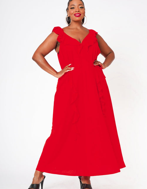 Load image into Gallery viewer, Plus Size Ruffle Trim Wrapped Maxi Dress in Red by Shop at Konus
