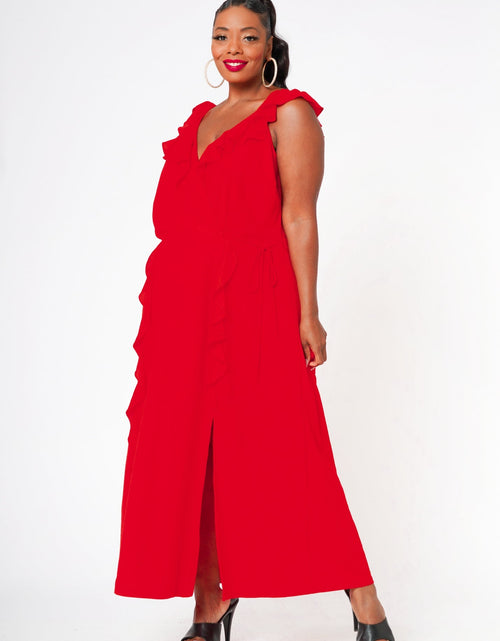 Load image into Gallery viewer, Plus Size Ruffle Trim Wrapped Maxi Dress in Red by Shop at Konus
