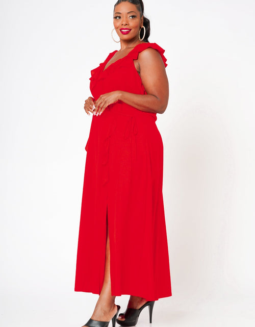 Load image into Gallery viewer, Plus Size Ruffle Trim Wrapped Maxi Dress in Red by Shop at Konus
