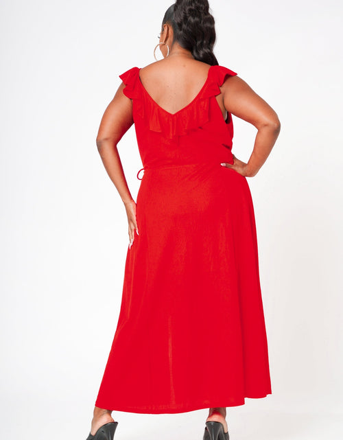 Load image into Gallery viewer, Plus Size Ruffle Trim Wrapped Maxi Dress in Red by Shop at Konus

