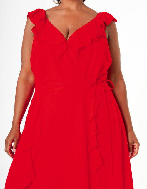Load image into Gallery viewer, Plus Size Ruffle Trim Wrapped Maxi Dress in Red by Shop at Konus
