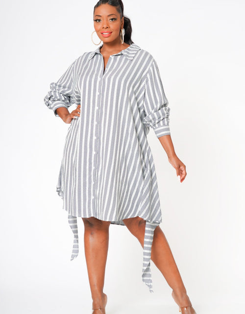 Load image into Gallery viewer, Plus Size Lace Trim Wrapped Shirt Dress in Ditsy Gingham by Shop at Konus
