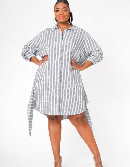 Load image into Gallery viewer, Plus Size Lace Trim Wrapped Shirt Dress in Ditsy Gingham by Shop at Konus
